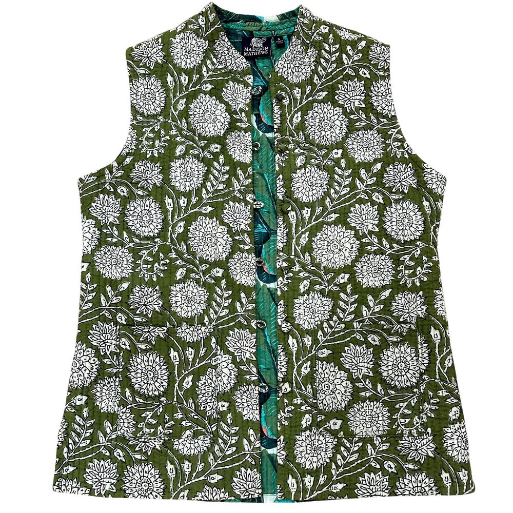 Madison Mathews Reversible Quilted Vest Small Green Block Print Floral Boho